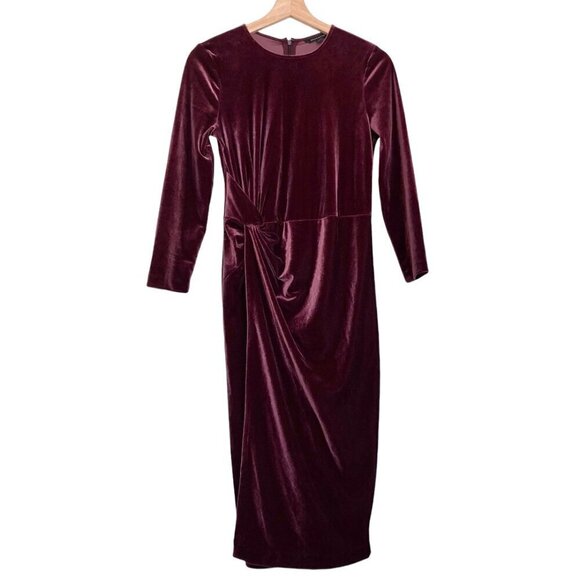 BANANA REPUBLIC Long Sleeve Stretch Velvet Twist Midi Dress in Wine Burgundy - Picture 5 of 11